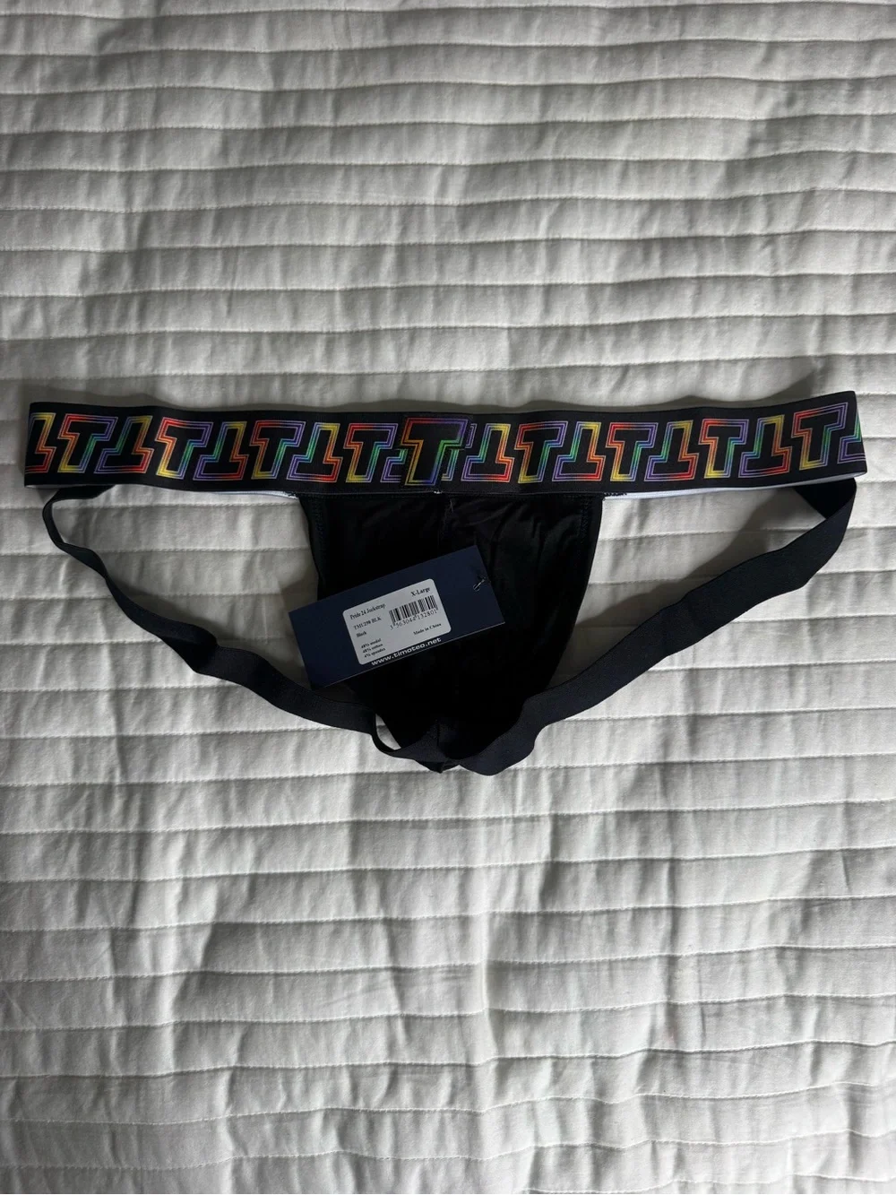 TIMOTEO Men's Black Stretch Jockstrap with Rainbow Geometric Waistband